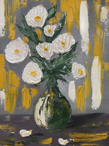 White flowers in a green vase van Tornike Otiashvili, Schilderij te koop op Singulart