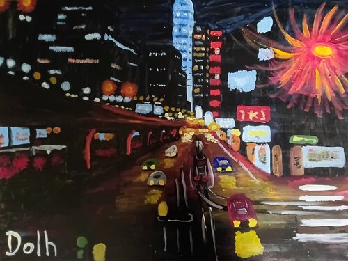 Die Straßen von Hong Kong in der Nacht by Denis Dolheimer, Painting for Sale on Singulart