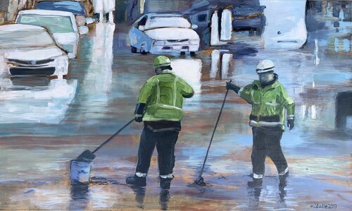 Strassenreiniger im Regen / Les éboueurs sous la pluie di Marie-Luise Zetchi Bolte, Pittura in vendita su Singulart