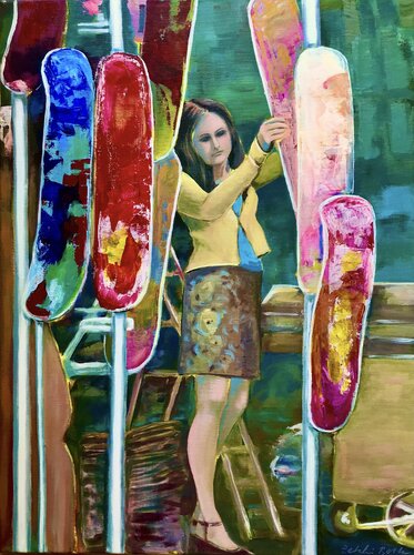 Sie prüft die Skateboards / Elle examine les skate-boards van Marie-Luise Zetchi Bolte, Schilderij te koop op Singulart