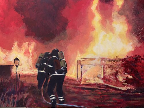 Feuerwehr im Einsatz / les pompiers au secours von Marie-Luise Zetchi Bolte, Malerei kaufen auf Singulart