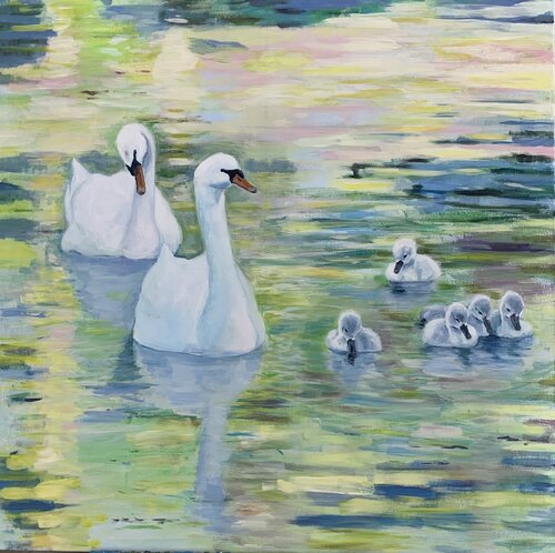 Schwanenfamilie / famille de Cygnes von Marie-Luise Zetchi Bolte, Malerei kaufen auf Singulart