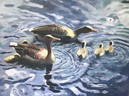 Gänseerziehung au dem Kuhmühlenteich  / Education de la progeniture des oies von Marie-Luise Zetchi Bolte, Malerei kaufen auf Singulart