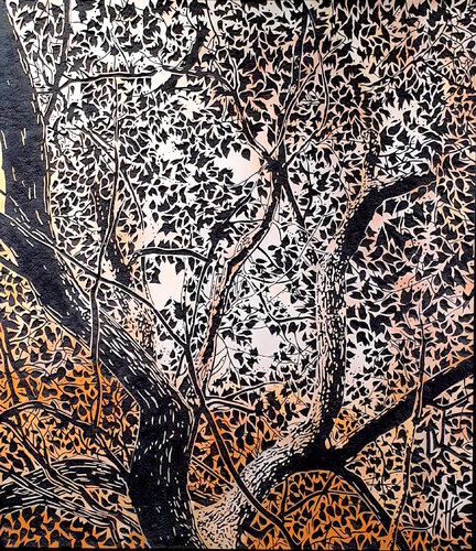 "Canopée automnale"  " Canopée Automnale" 109,5 x 95,5 cm Bois gravés au sable + pigments. van yann hervis, Andere media te koop op Singulart