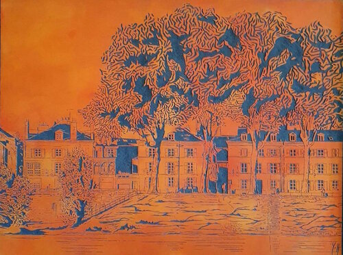 Bois gravé :"Le quai du châtelet à Orléans" von yann hervis, Andere Medien kaufen auf Singulart