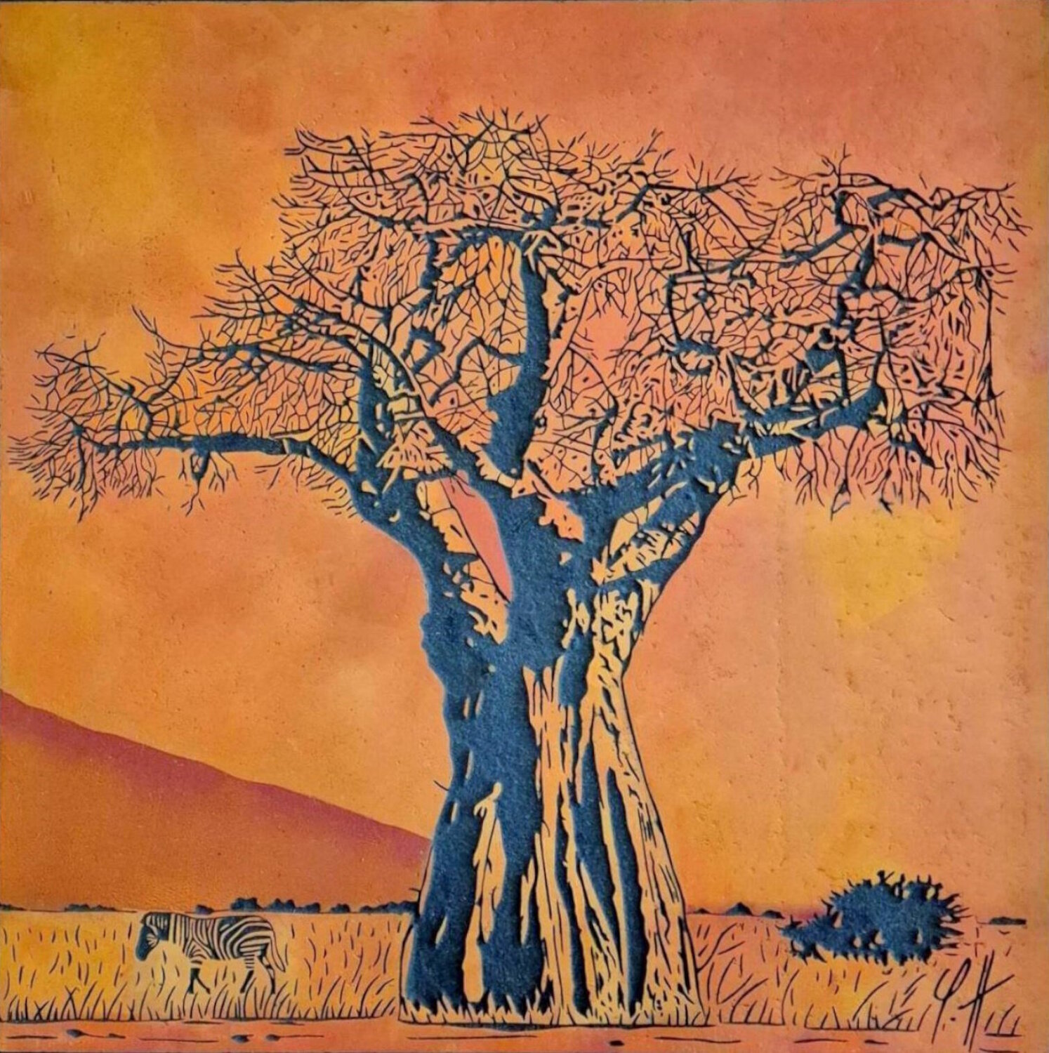 Bois gravé " Baobab au Tarangire " yann hervis Andere Medien zu verkaufen