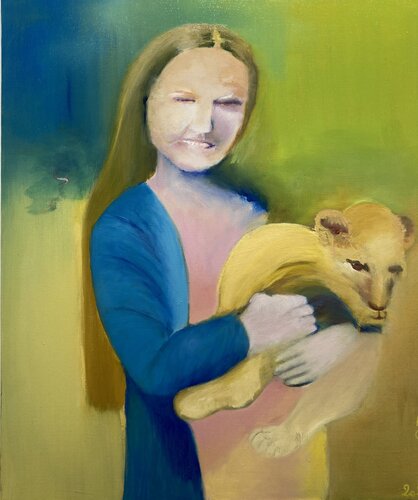 Autoportrait ou Nanouk au lionceau di Anne Goninet, Pittura in vendita su Singulart