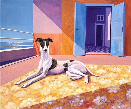 Keeper of the Light. Spanish Greyhound par Anastasia Mamoshina, Peinture en vente sur Singulart