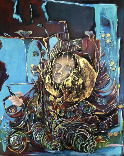 Friedliche Trance in goldenem Kokon van Hannelore Kammerer, Schilderij te koop op Singulart