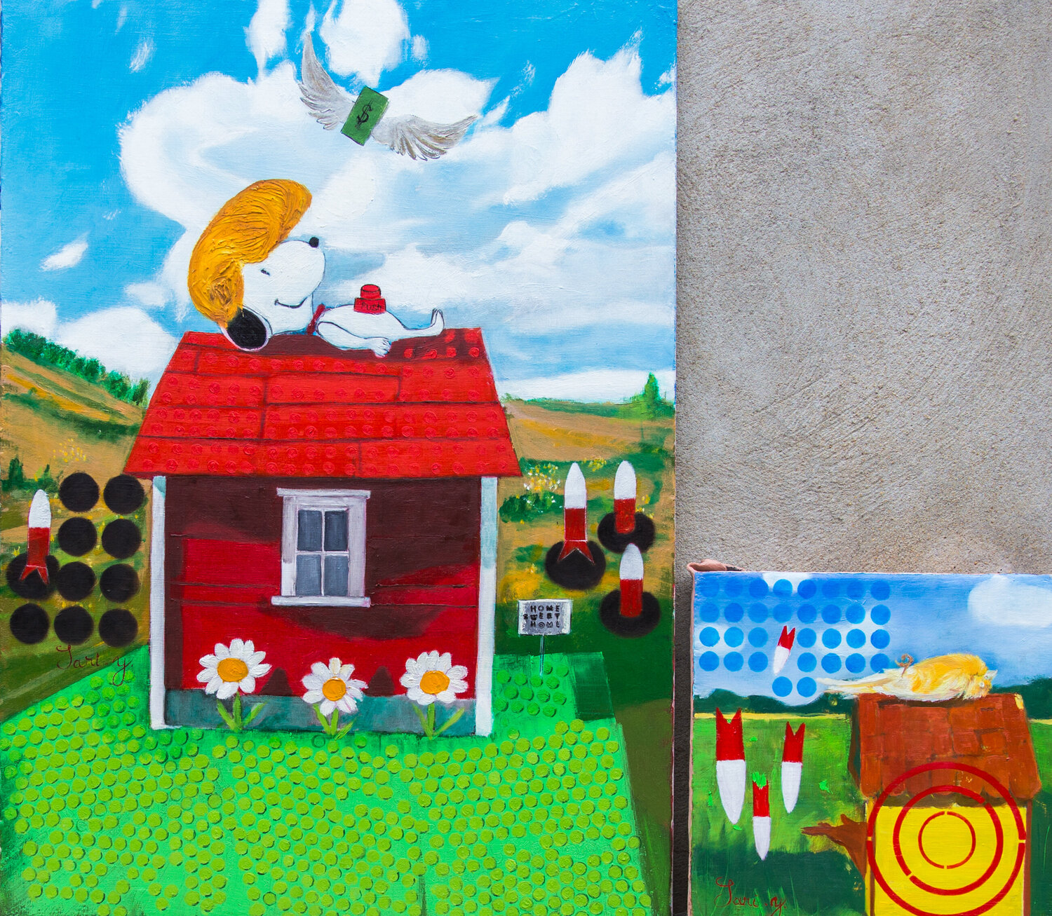 the white house and the red dog Younes SARI Originalgemälde zu verkaufen