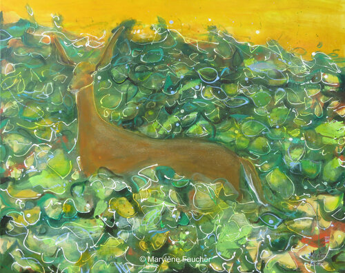 Cerf au champs de canola de Marylene Faucher, Pintura a la venta en Singulart