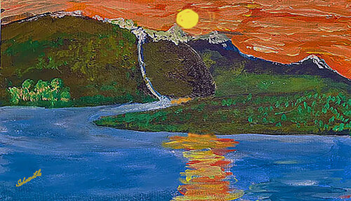 Fire in the Sky over mountains & Sea van Tony Schweikle, Schilderij te koop op Singulart