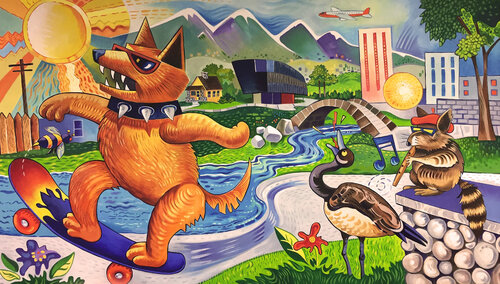 City Dog in Reno van Ron Oden, Schilderij te koop op Singulart