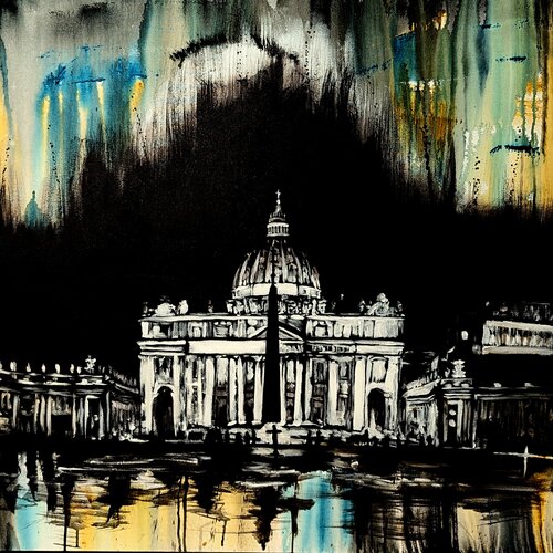 Beauty in Architecture - Rainy Nights at Saint Peter's van Lindsay Siemers, Schilderij te koop op Singulart