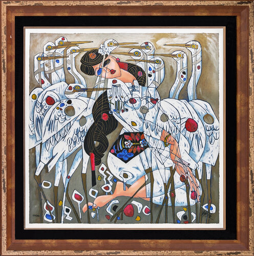 Morning with Cranes (custom framed large hand signed serigraph) by Jiang Tiefeng, Print for Sale on Singulart