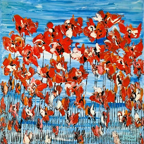 Poppies on blue sky 4 di Daniel Urbaník, Pittura in vendita su Singulart