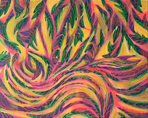 Leaves in Magenta, Yellow and green van Ebru Eruelkue, Schilderij te koop op Singulart