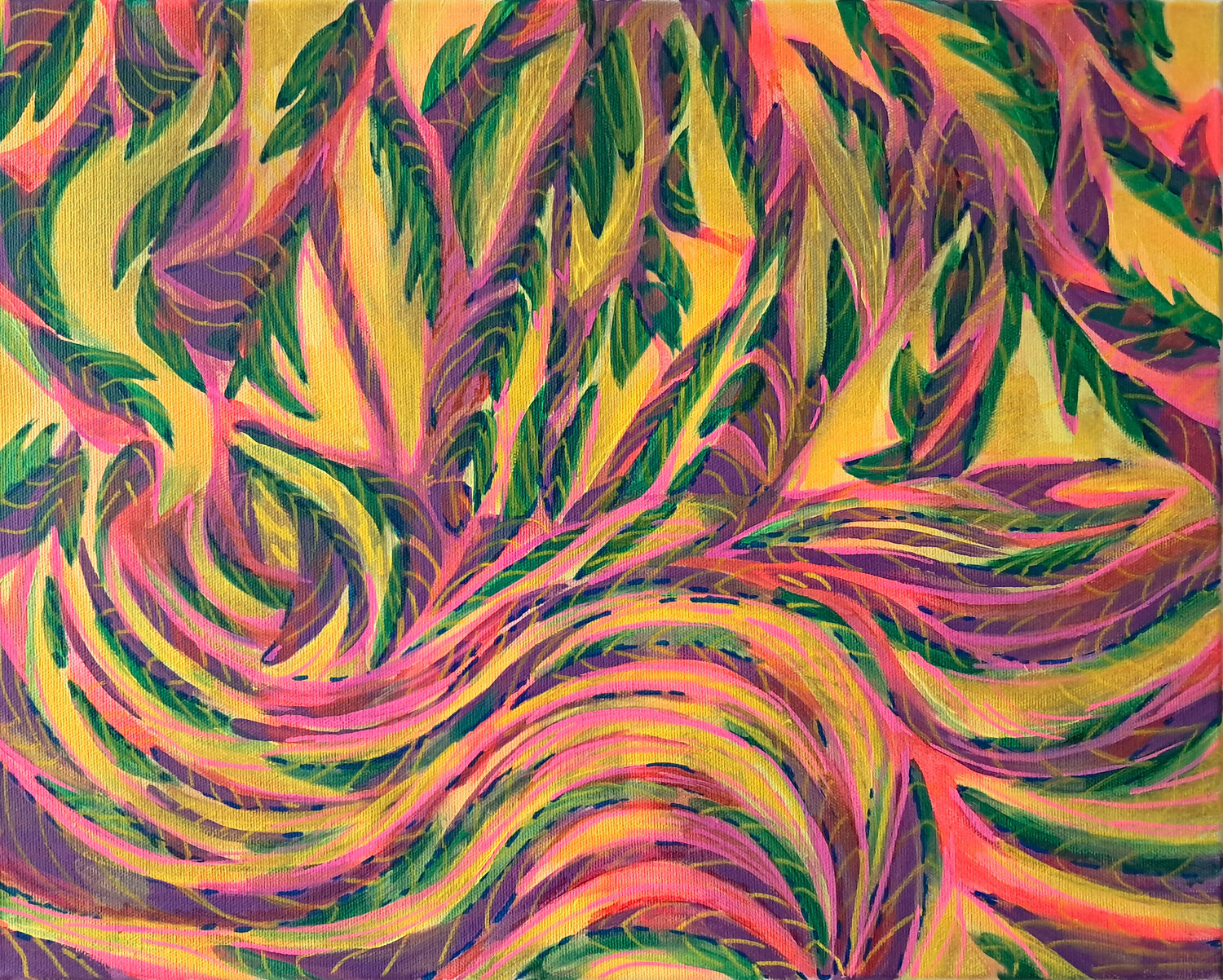 Leaves in Magenta, Yellow and green Ebru Eruelkue Originalgemälde zu verkaufen