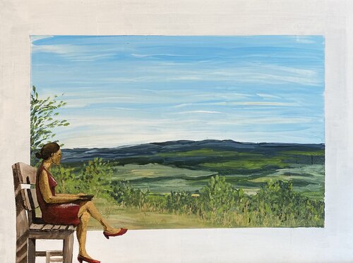 Die Dame mit dem roten Kleid / Blick in die Heimat van Iris Leister, Schilderij te koop op Singulart