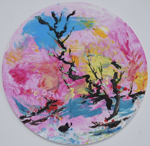 Le temps d’un thé au jardin, le chevalet , la toile ronde et son ombre, seul, avec l’amour de la terre, silencieux au dedans, silencieux, au dehors : des êtres inoubliables. van Patrick COTTENCIN, Schilderij te koop op Singulart