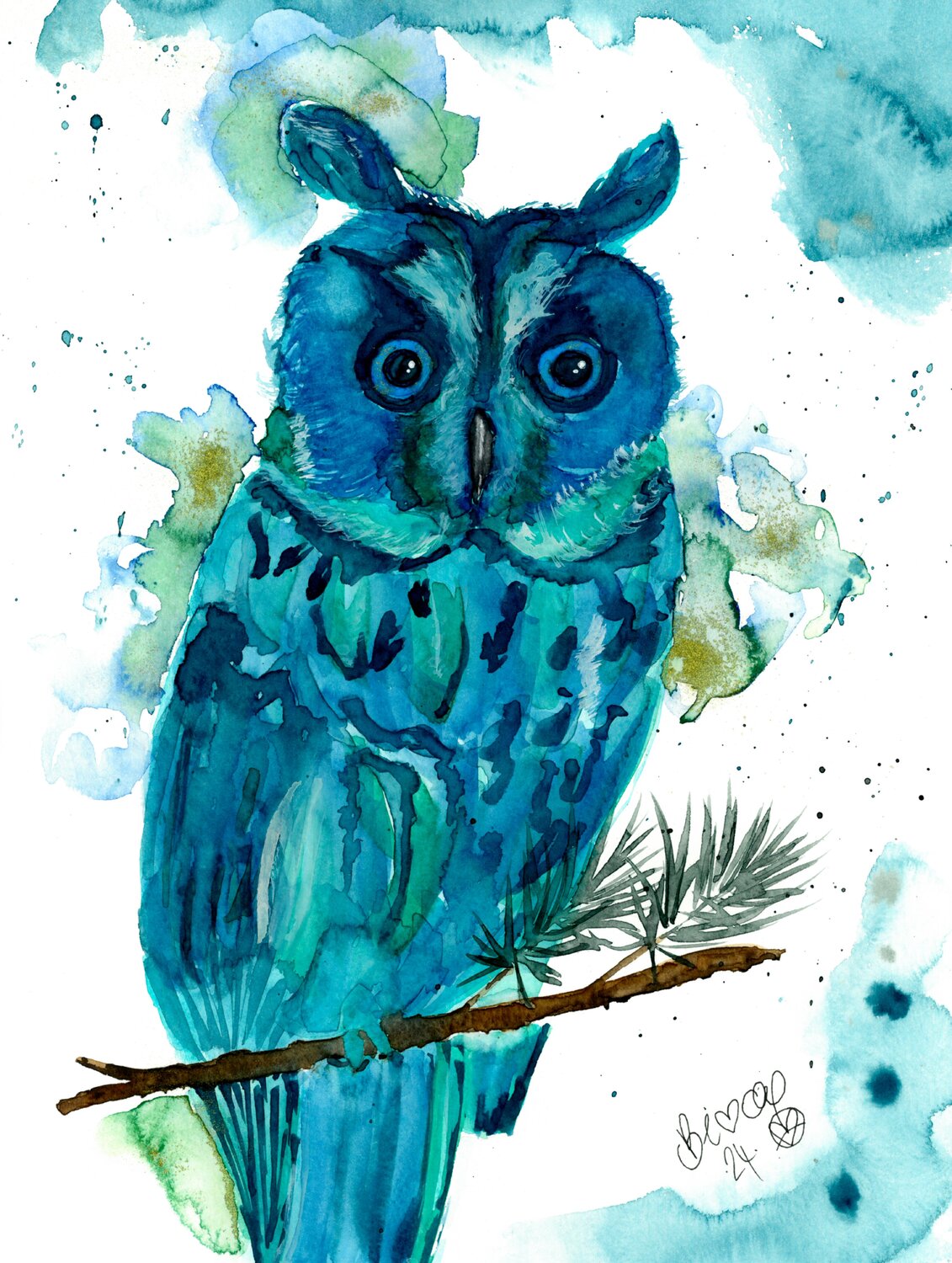 Weisheit & Vorahnung mit der grünen Eule in Aquarell Bianca Käch Originalgemälde zu verkaufen