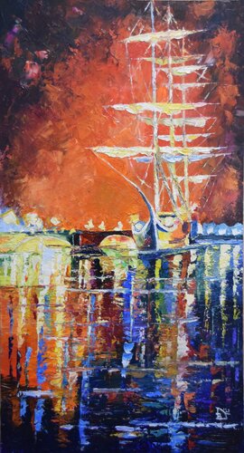 Schiff in nächtlichem Hafen nach Leonid Afremov von Birger Dicke, Malerei kaufen auf Singulart