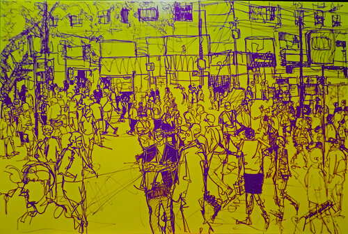 Santiago en amarillo y violeta di Gustavo Leutun, Pittura in vendita su Singulart
