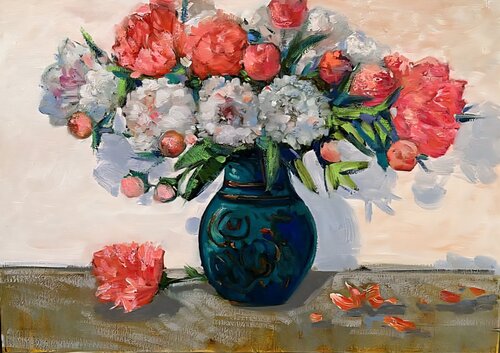 Peonies in Emerald Vase van Gulshaba Abbasova, Schilderij te koop op Singulart