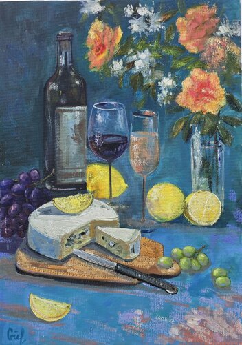 Evening Still Life with Wine and Citrus von Gulshaba Abbasova, Malerei kaufen auf Singulart