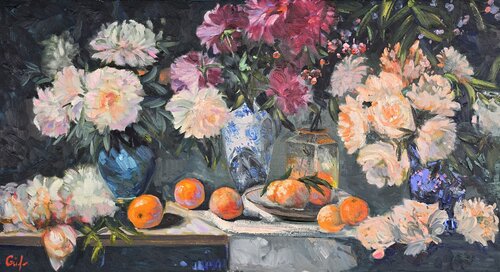 Still Life with Peonies and Oranges von Gulshaba Abbasova, Malerei kaufen auf Singulart