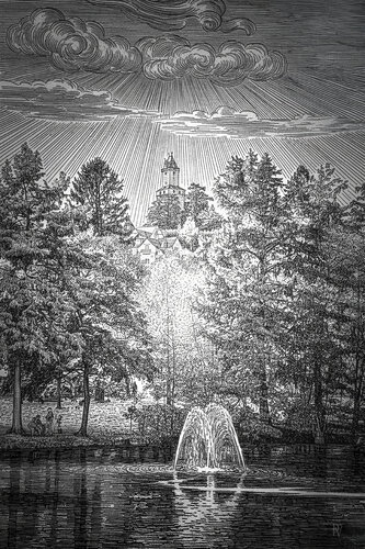 Blick vom Victoria Park hinauf zur Kronberger Burg im Albrecht Dürer Stil / Vue depuis le parc Victoria vers le château de Kronberg, dans le style d'Albrecht Dürer / View from Victoria Park up to Kronberg Castle in the style of Albrecht Dürer van Peter Schulte/ Vornberg, Fotografie te koop op Singulart