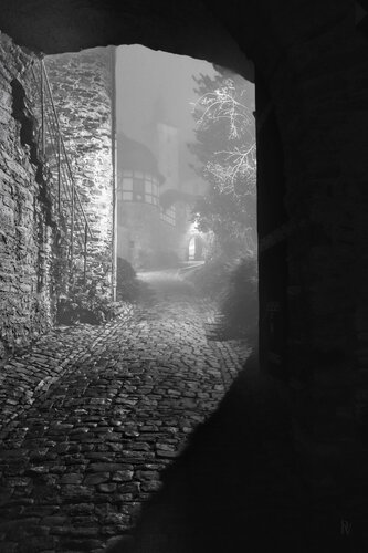 Kronberg Noir III - Blick durch das Burgtor auf das Kopfsteinpflaster hinauf zur Burg / Kronberg Noir III - Vue à travers la porte du château, le long des pavés, jusqu'au château / Kronberg Noir III – View through the castle gate up the cobbled street to  di Peter Schulte/ Vornberg, Fotografia in vendita su Singulart