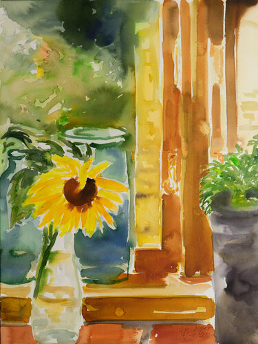 Sonnenblume auf der Fensterbank von Ute Meyer, Werk auf Papier kaufen auf Singulart