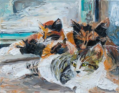 Katzen vor der Tür van Ute Meyer, Schilderij te koop op Singulart