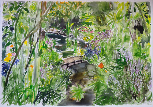 Blick in den Garten im Mai di Ute Meyer, Pittura in vendita su Singulart
