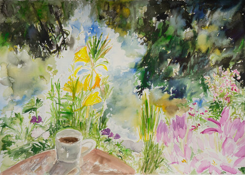 Einen Kaffee im Garten genießen von Ute Meyer, Malerei kaufen auf Singulart