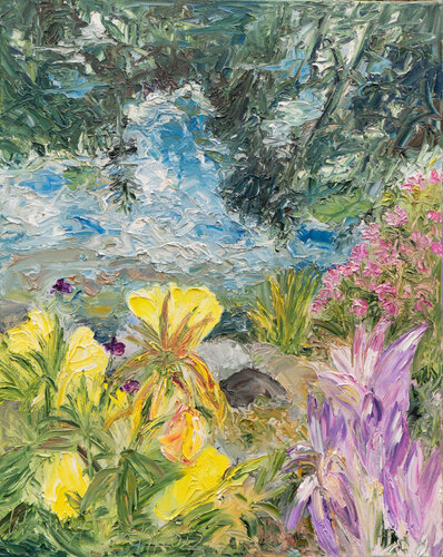 Nachtkerzen und Herbstzeitlose am Teich de Ute Meyer, Pintura a la venta en Singulart
