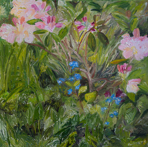 Rhododendron mit Staudenvergissmeinicht von Ute Meyer, Malerei kaufen auf Singulart