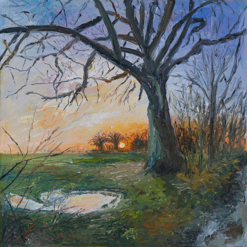 Sonnenuntergang bei der großen Eiche di Ute Meyer, Pittura in vendita su Singulart