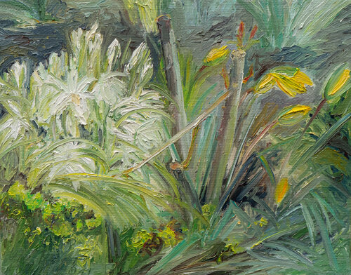 Nickender Milchstern und Weinbergtulpen van Ute Meyer, Schilderij te koop op Singulart