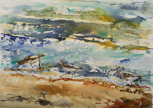 Sanderlinge vor den Wellen by Ute Meyer, 油畫 for Sale on Singulart