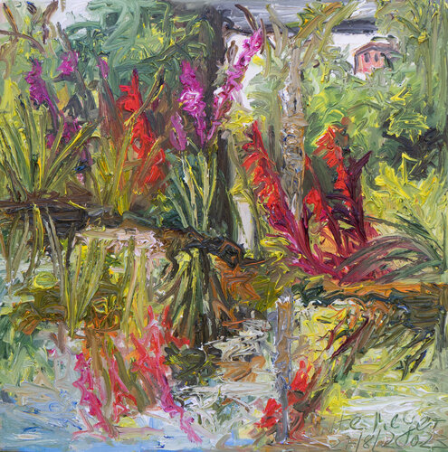 Am Teich / rote Lobelien und Weidenröschen van Ute Meyer, Schilderij te koop op Singulart