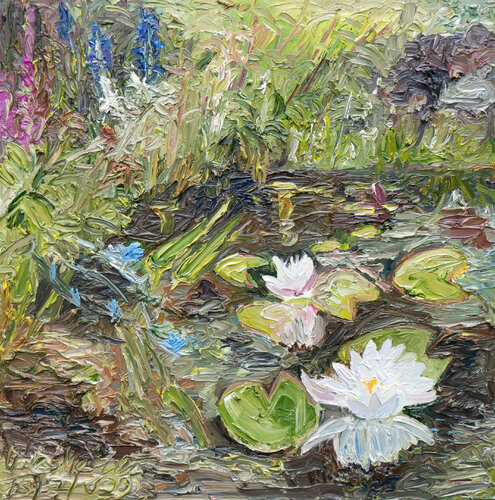 Am Teich/ Seerosen und blaue Wegwarte von Ute Meyer, Malerei kaufen auf Singulart