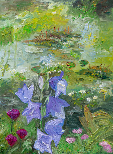 Glockenblume am Teich di Ute Meyer, Pittura in vendita su Singulart