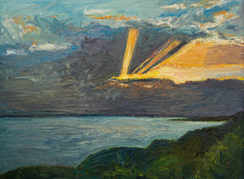 Sonnenstrahlen am Abend über der Ostsee di Ute Meyer, Pittura in vendita su Singulart