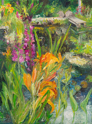 Taglilien und Weidenröschen am Teich van Ute Meyer, Schilderij te koop op Singulart