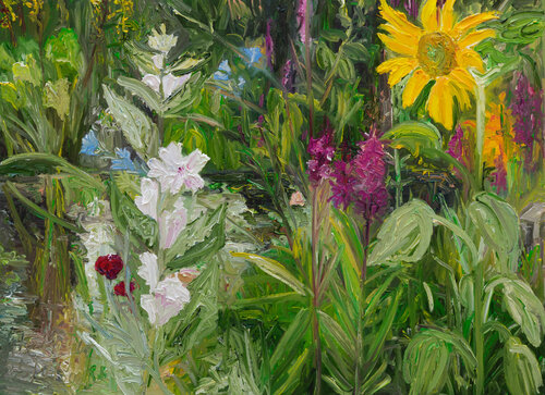 Sonnenblume am Teich van Ute Meyer, Schilderij te koop op Singulart