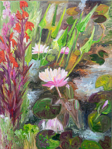 Seerosen und rote Lobelien II von Ute Meyer, Malerei kaufen auf Singulart