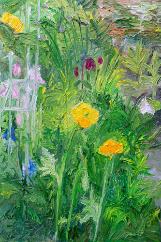 Leuchtende Mohnblüten am Teich di Ute Meyer, Pittura in vendita su Singulart