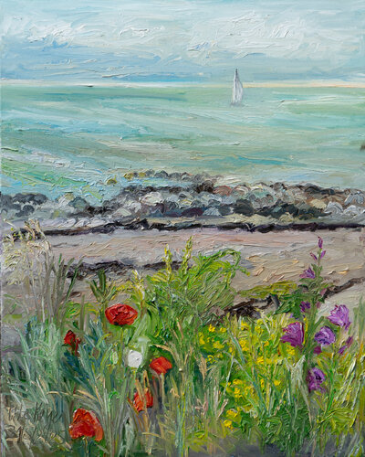 Wiesenblumen am Meer / Vejsnæs / Ærø par Ute Meyer, Peinture en vente sur Singulart